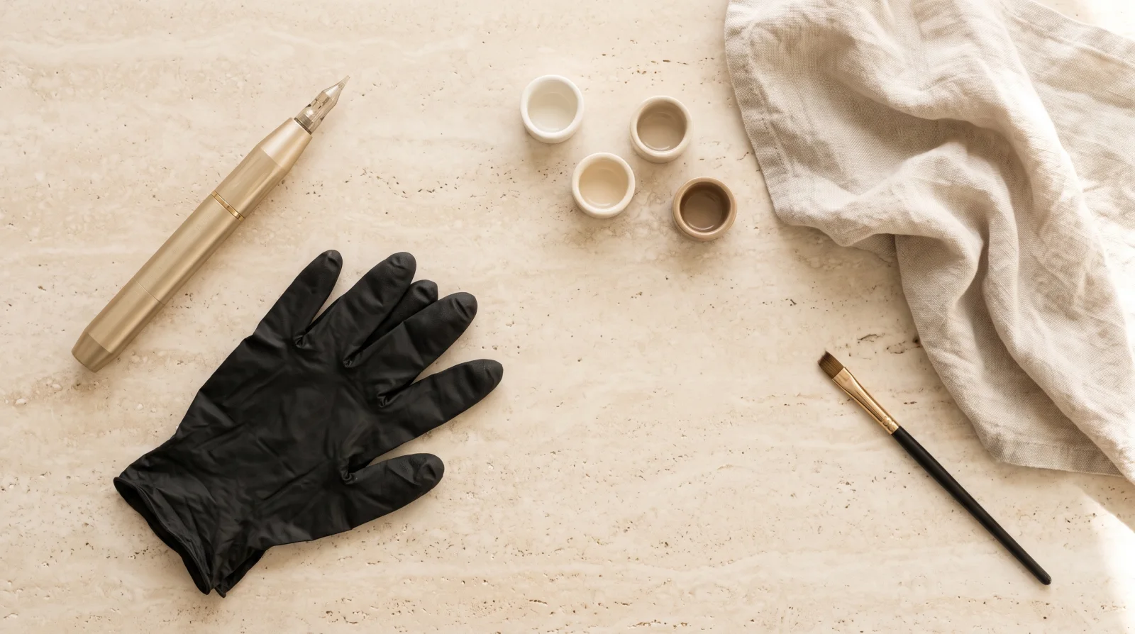 Arbeitsplatz mit Pigmentierungsgerät, Handschuhen und Pigmentbechern